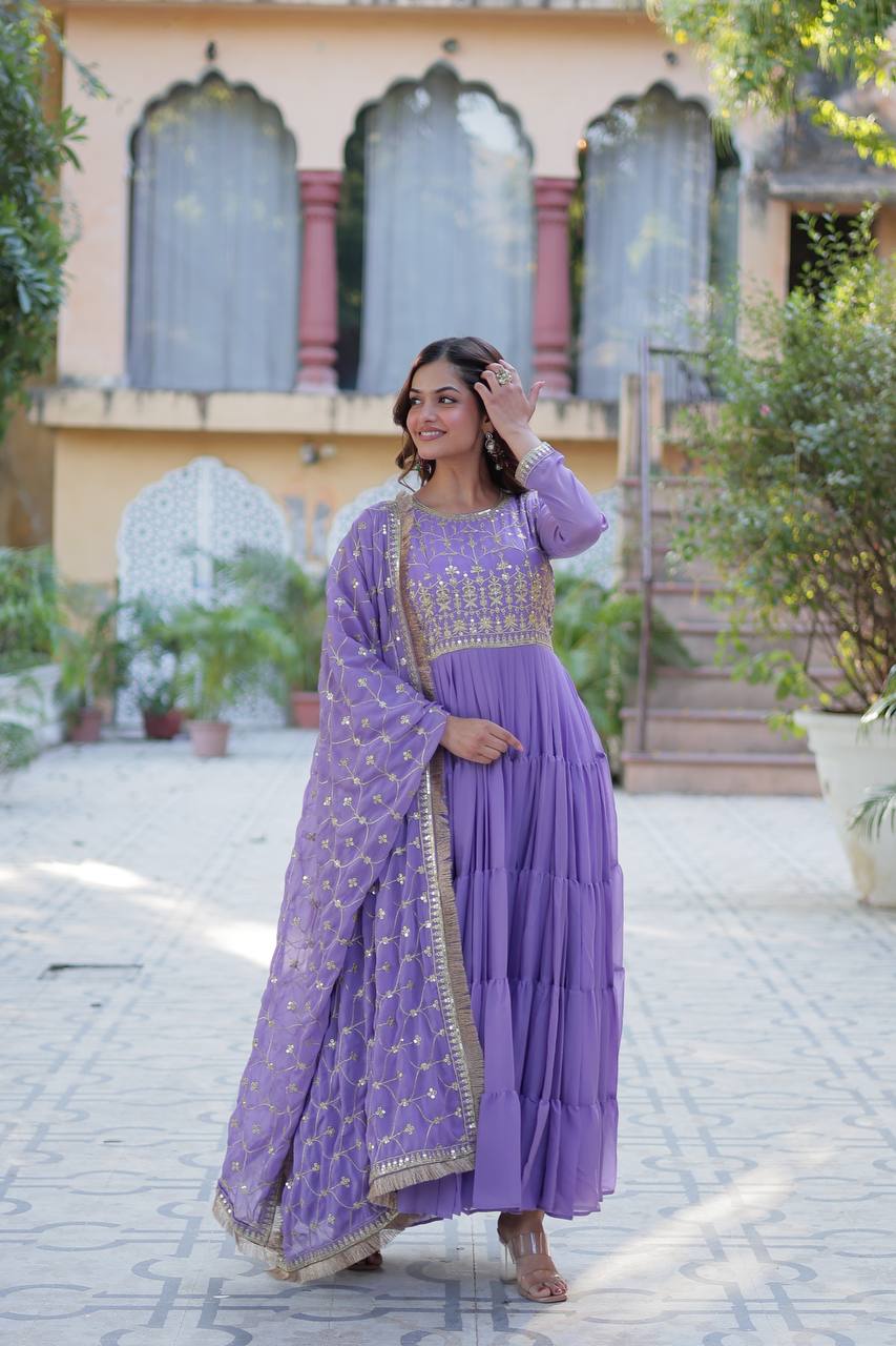 Function Wear Light Purple Color Star Georgette Fabrics Designer Gown With Embroidered Dupatta