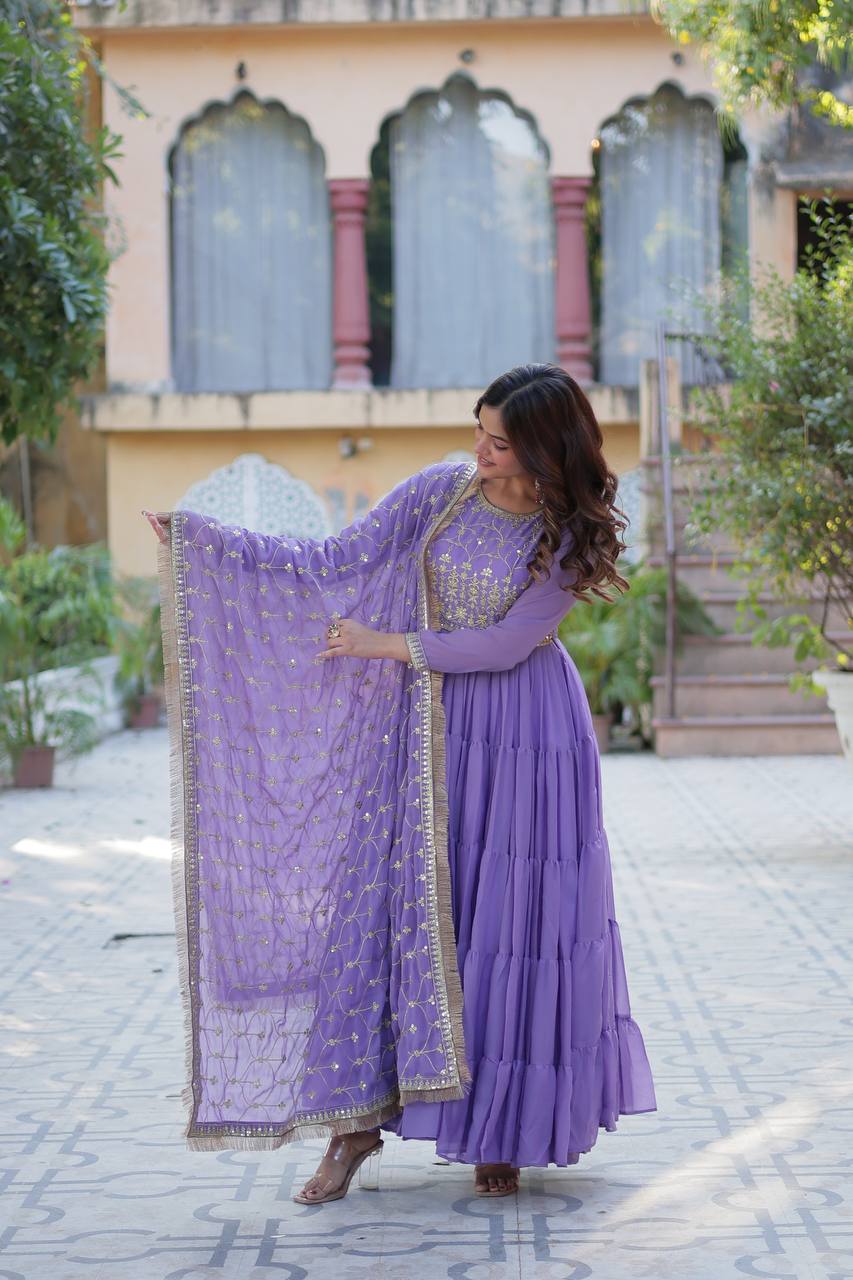 Function Wear Light Purple Color Star Georgette Fabrics Designer Gown With Embroidered Dupatta