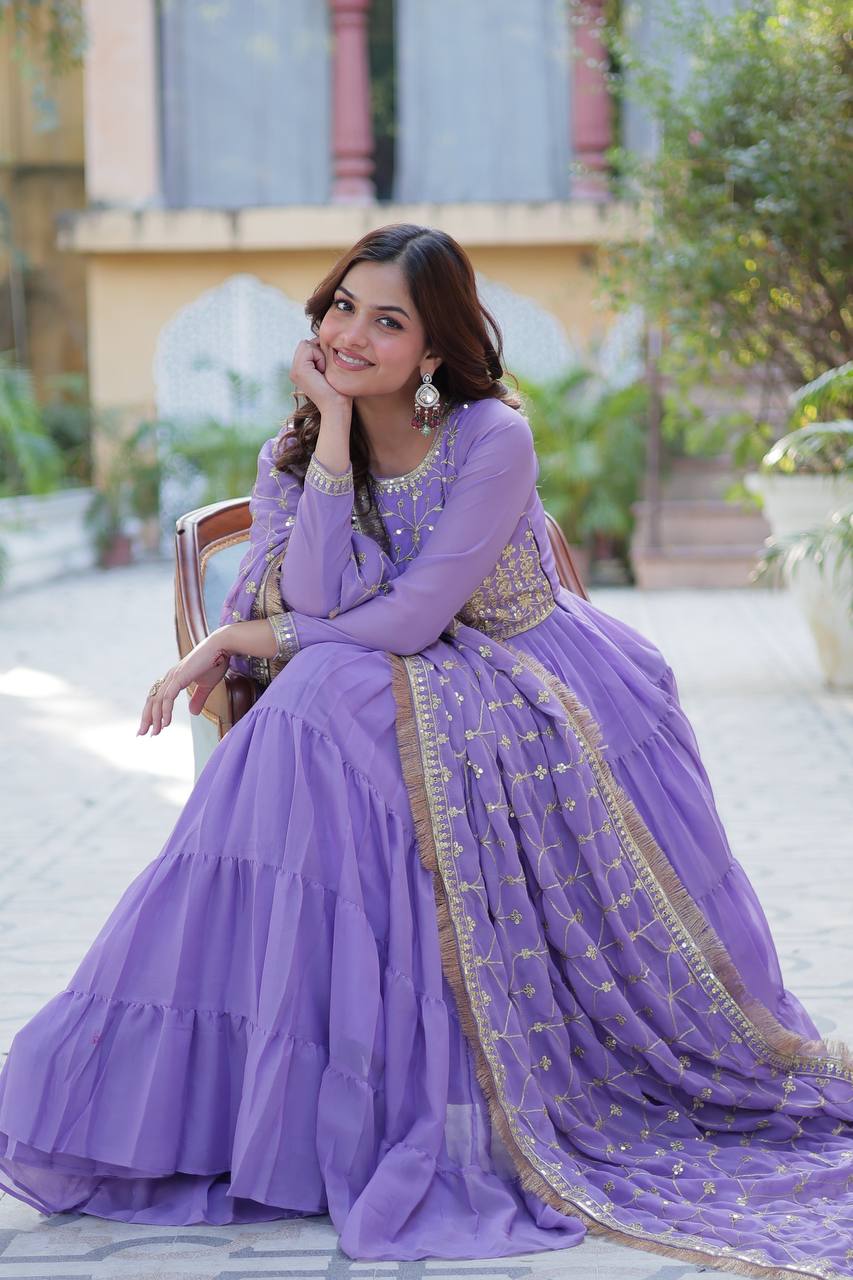 Function Wear Light Purple Color Star Georgette Fabrics Designer Gown With Embroidered Dupatta