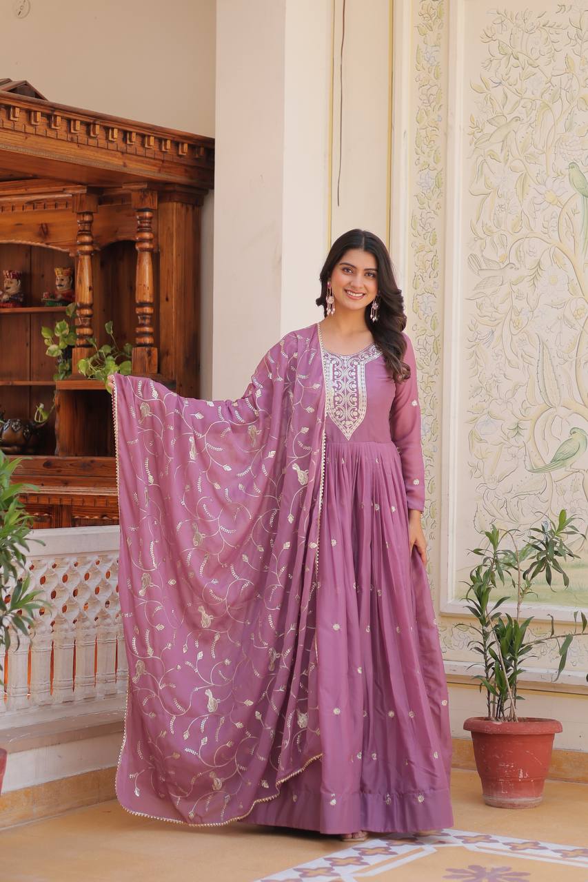 Embellished Lavender Color Pure Star Georgette With Embroidery Work Beautiful Gown