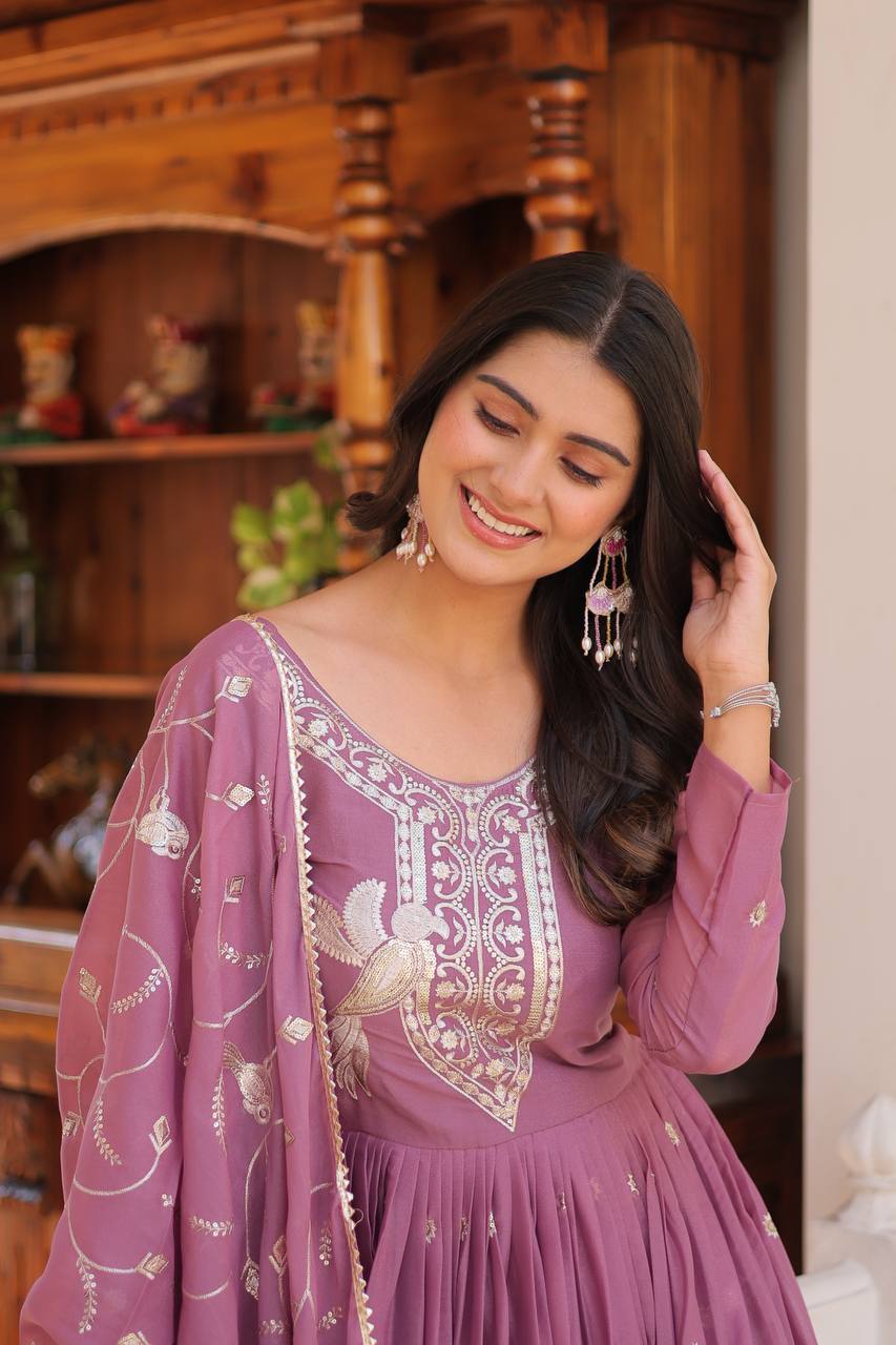 Embellished Lavender Color Pure Star Georgette With Embroidery Work Beautiful Gown