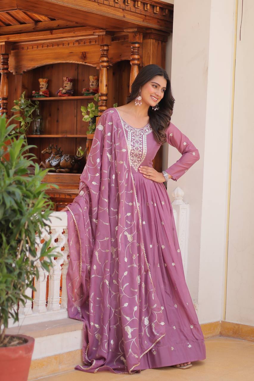 Embellished Lavender Color Pure Star Georgette With Embroidery Work Beautiful Gown