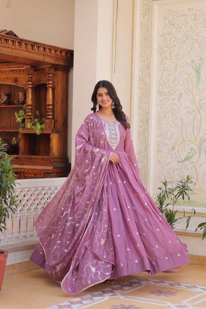Embellished Lavender Color Pure Star Georgette With Embroidery Work Beautiful Gown