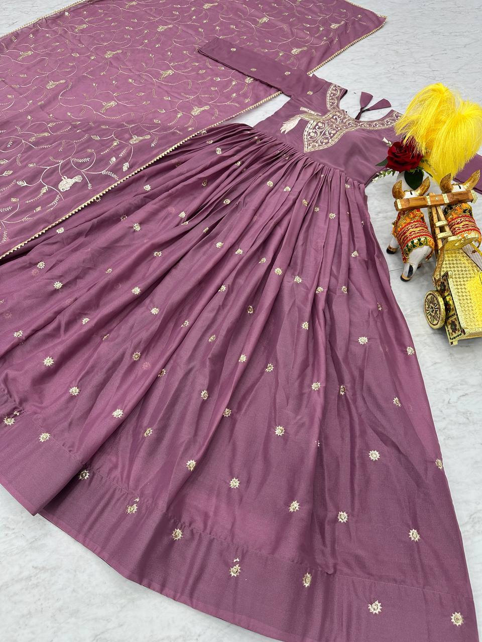 Embellished Lavender Color Pure Star Georgette With Embroidery Work Beautiful Gown