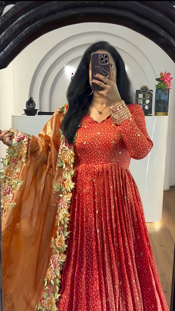 Party Wear Orange Color Chinon Silk With Embroidery Sequence Work Gown