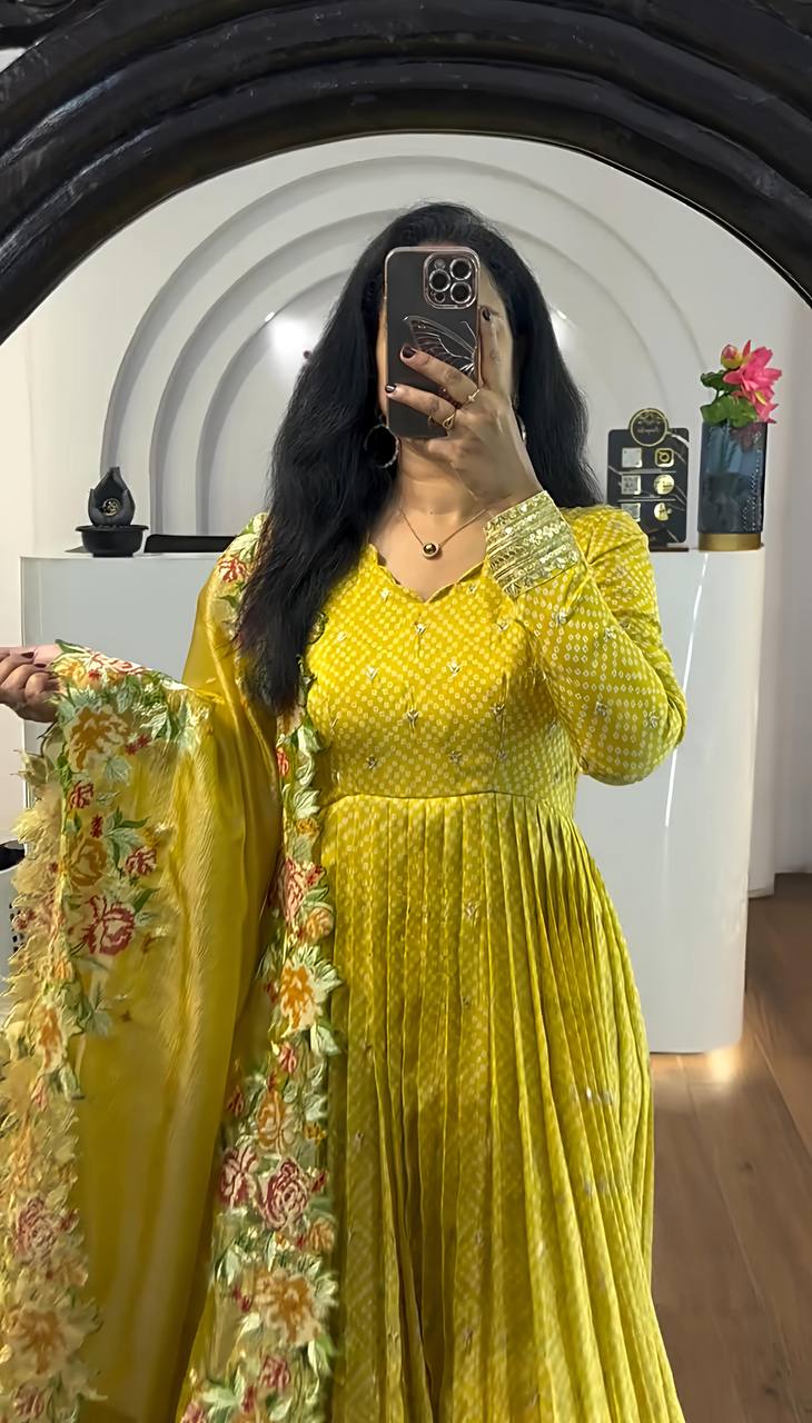 Party Wear Yellow Color Chinon Silk With Embroidery Sequence Work Gown