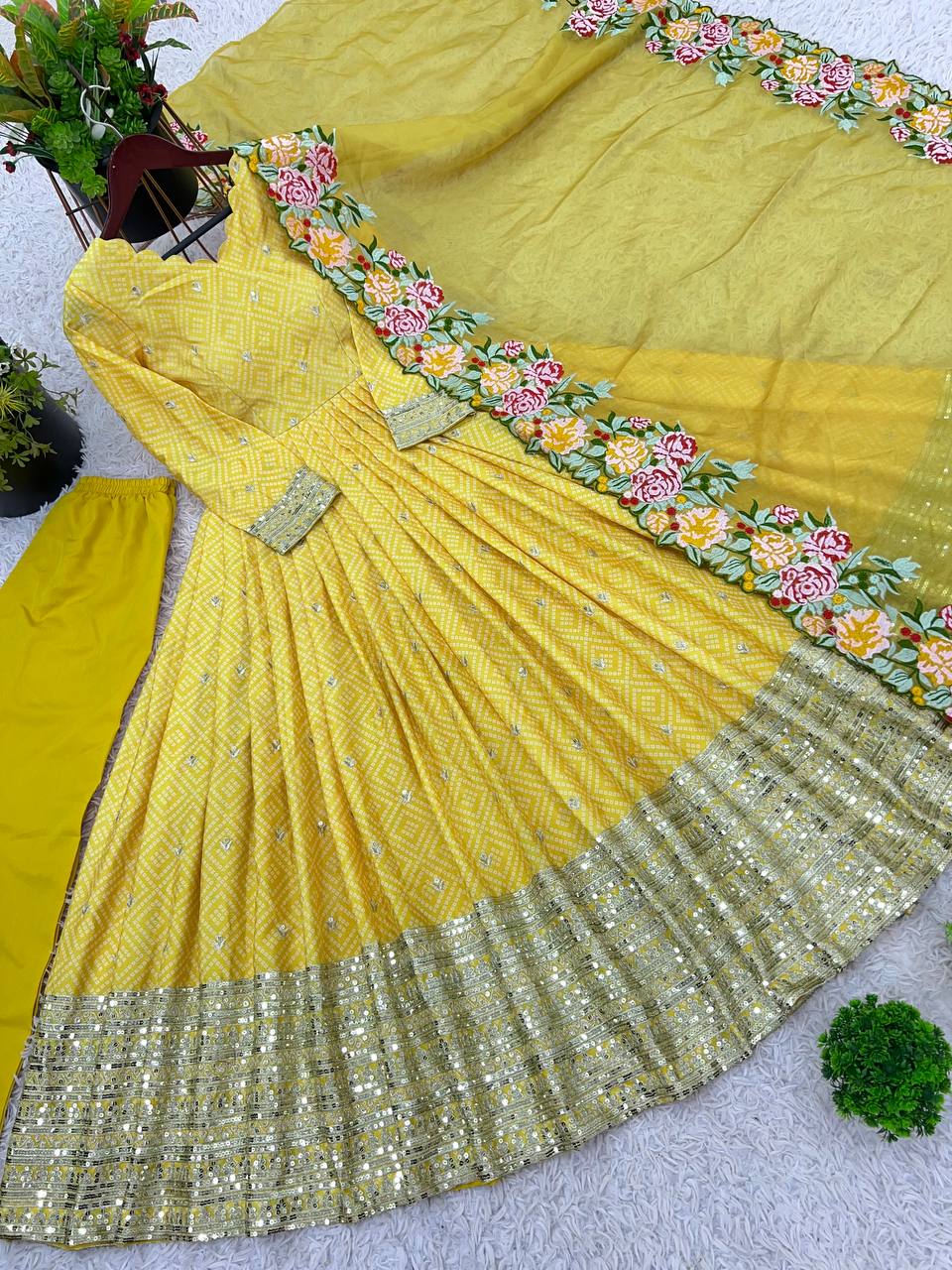 Party Wear Yellow Color Chinon Silk With Embroidery Sequence Work Gown