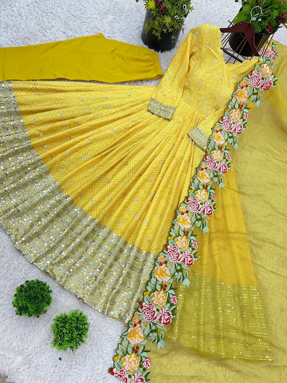 Party Wear Yellow Color Chinon Silk With Embroidery Sequence Work Gown