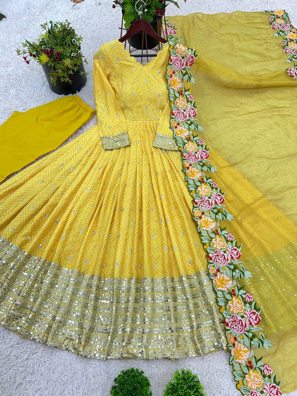 Party Wear Yellow Color Chinon Silk With Embroidery Sequence Work Gown