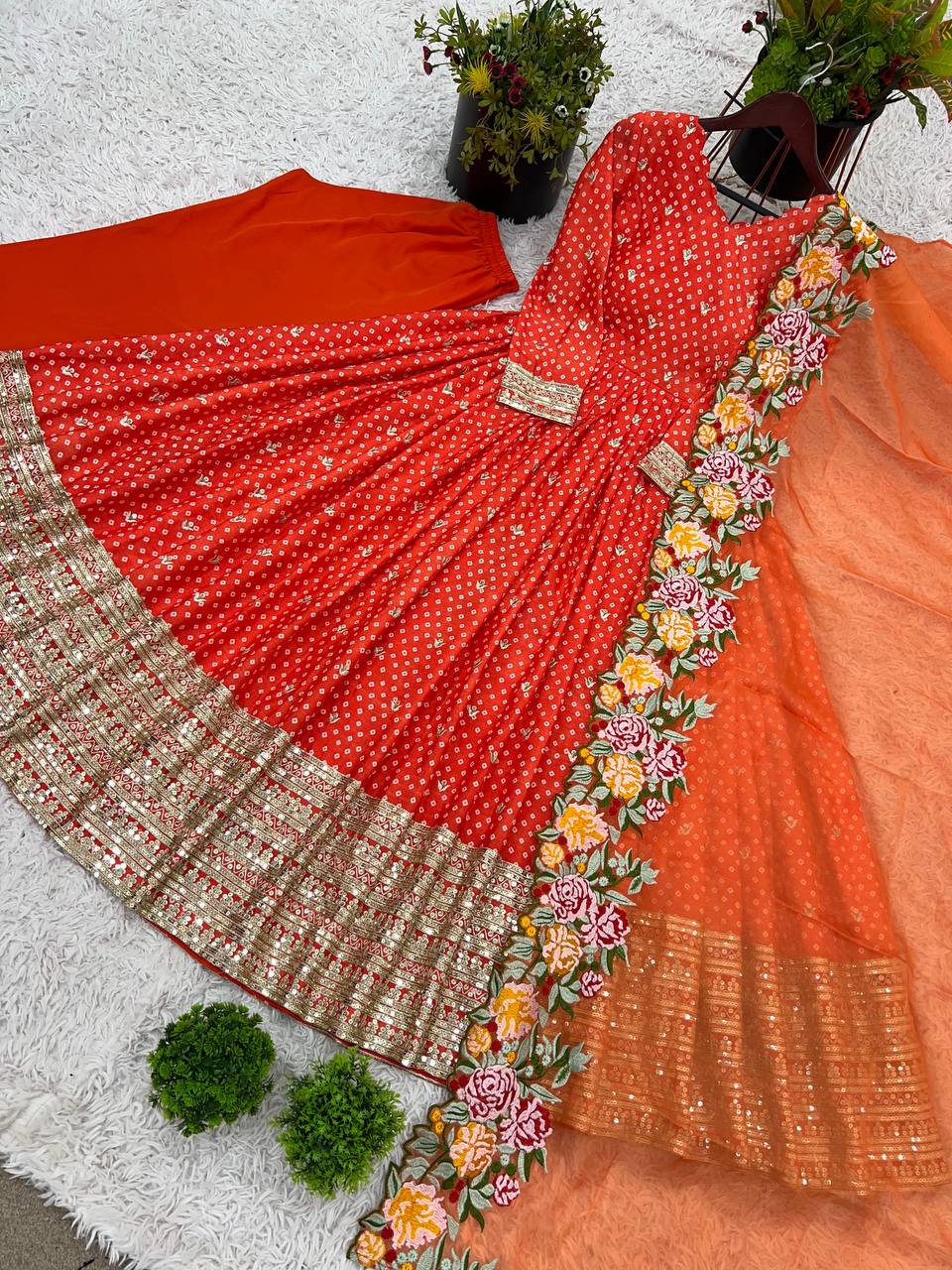Party Wear Orange Color Chinon Silk With Embroidery Sequence Work Gown