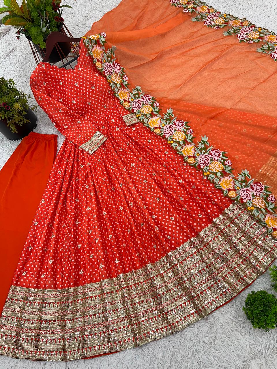 Party Wear Orange Color Chinon Silk With Embroidery Sequence Work Gown