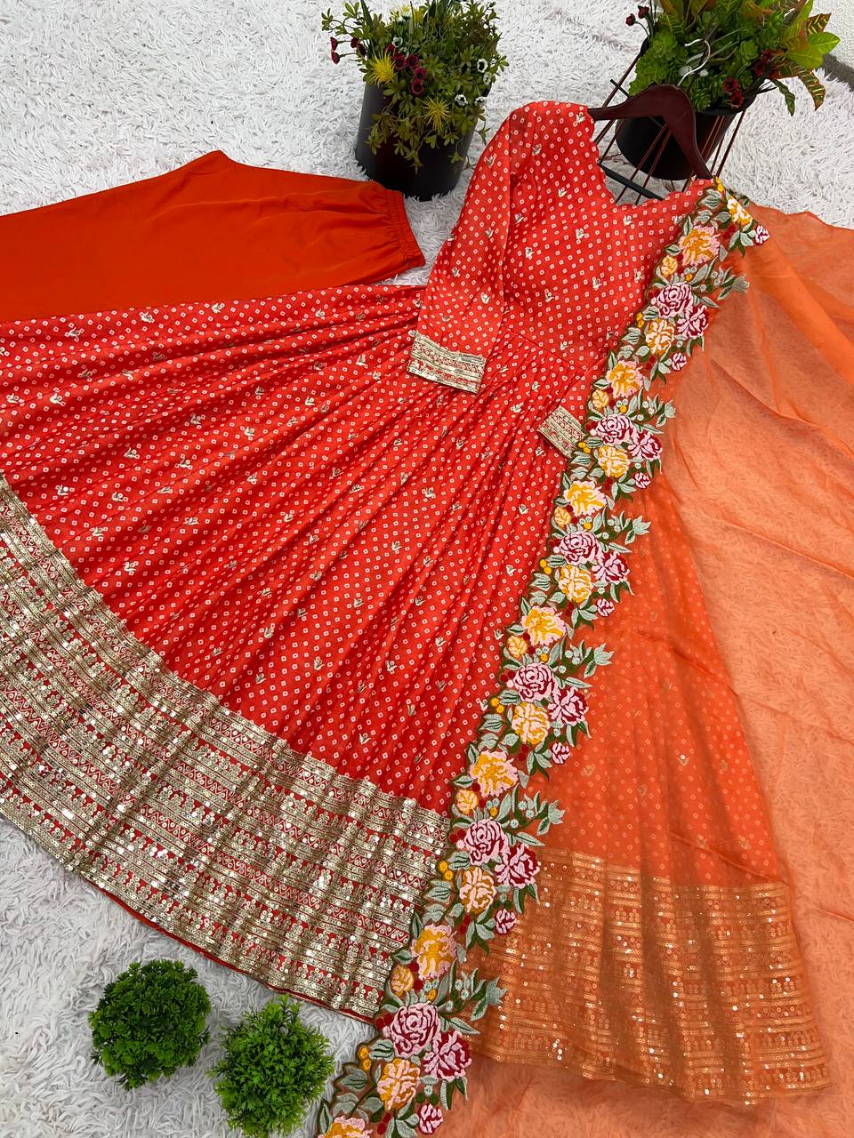 Party Wear Orange Color Chinon Silk With Embroidery Sequence Work Gown