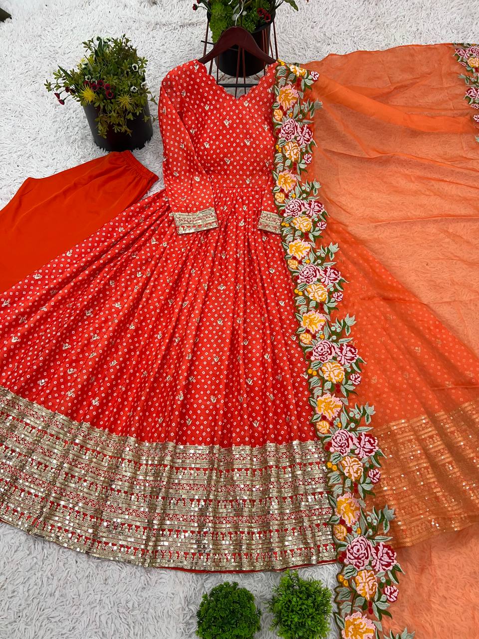 Party Wear Orange Color Chinon Silk With Embroidery Sequence Work Gown