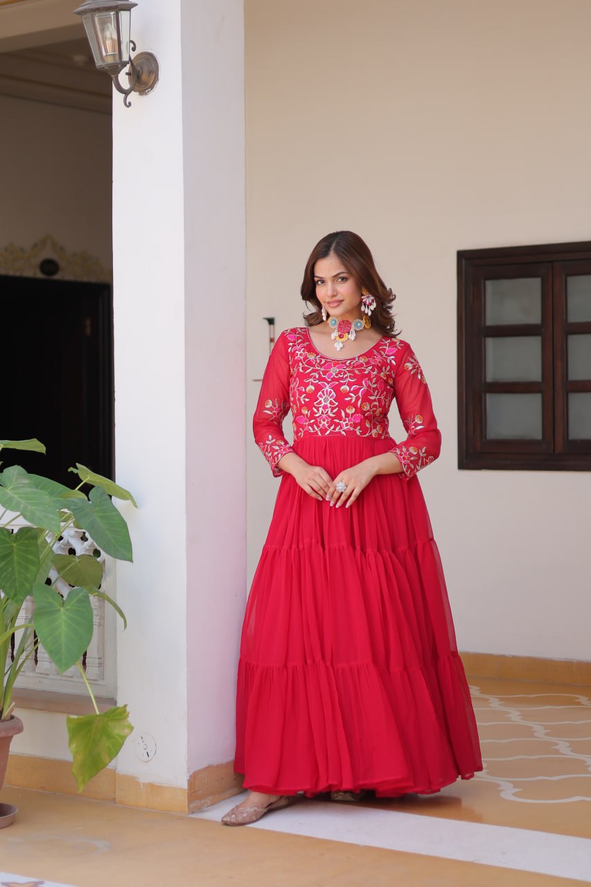 Trendy Red Color Faux Georgette With Sequence Thread Work Gown
