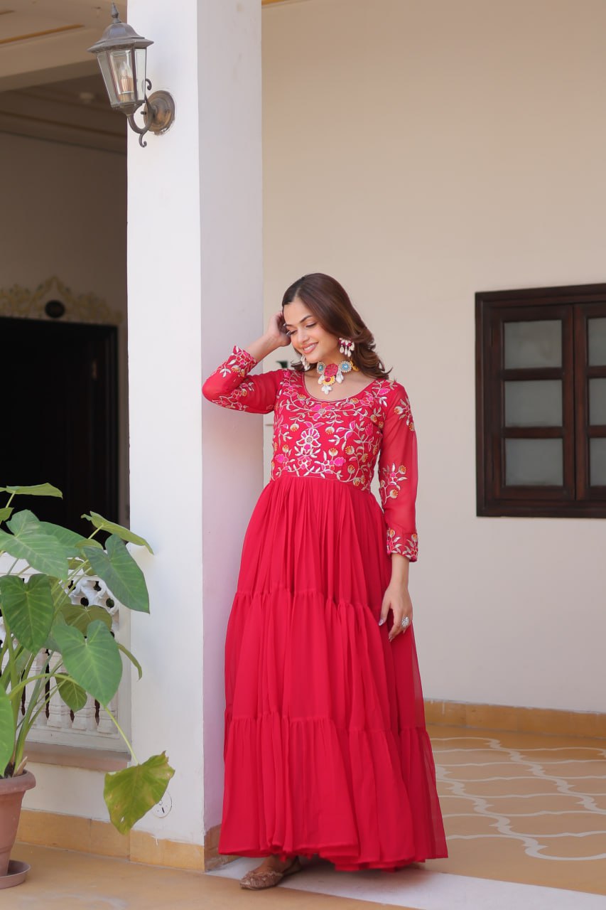 Trendy Red Color Faux Georgette With Sequence Thread Work Gown