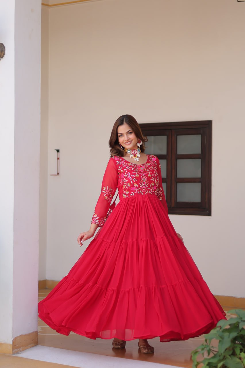 Trendy Red Color Faux Georgette With Sequence Thread Work Gown