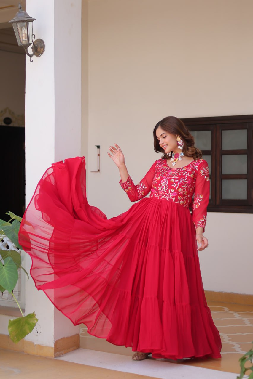 Trendy Red Color Faux Georgette With Sequence Thread Work Gown
