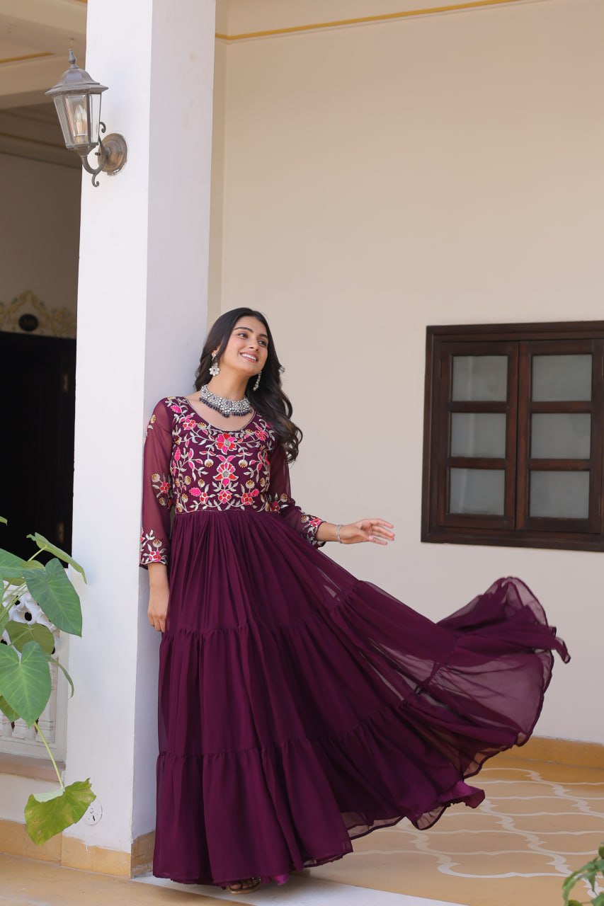 Trendy Wine Color Faux Georgette With Sequence Thread Work Gown