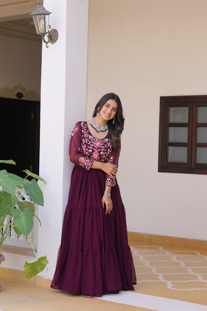 Trendy Wine Color Faux Georgette With Sequence Thread Work Gown