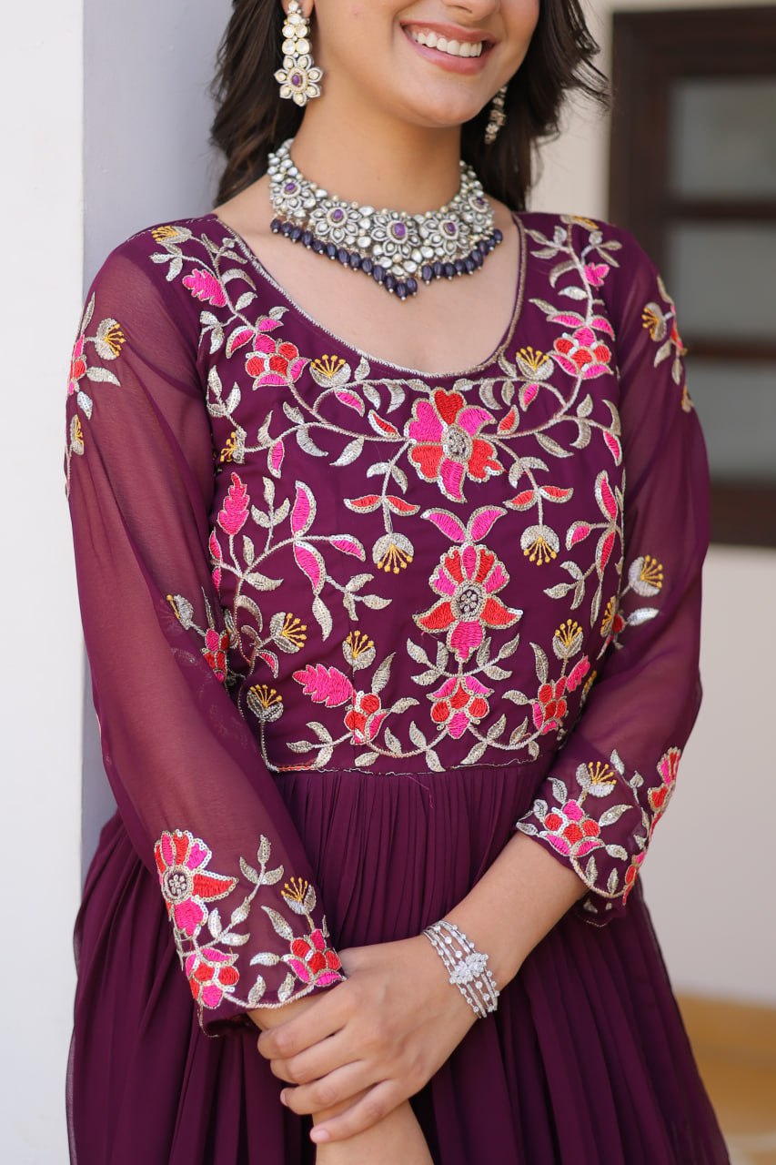 Trendy Wine Color Faux Georgette With Sequence Thread Work Gown
