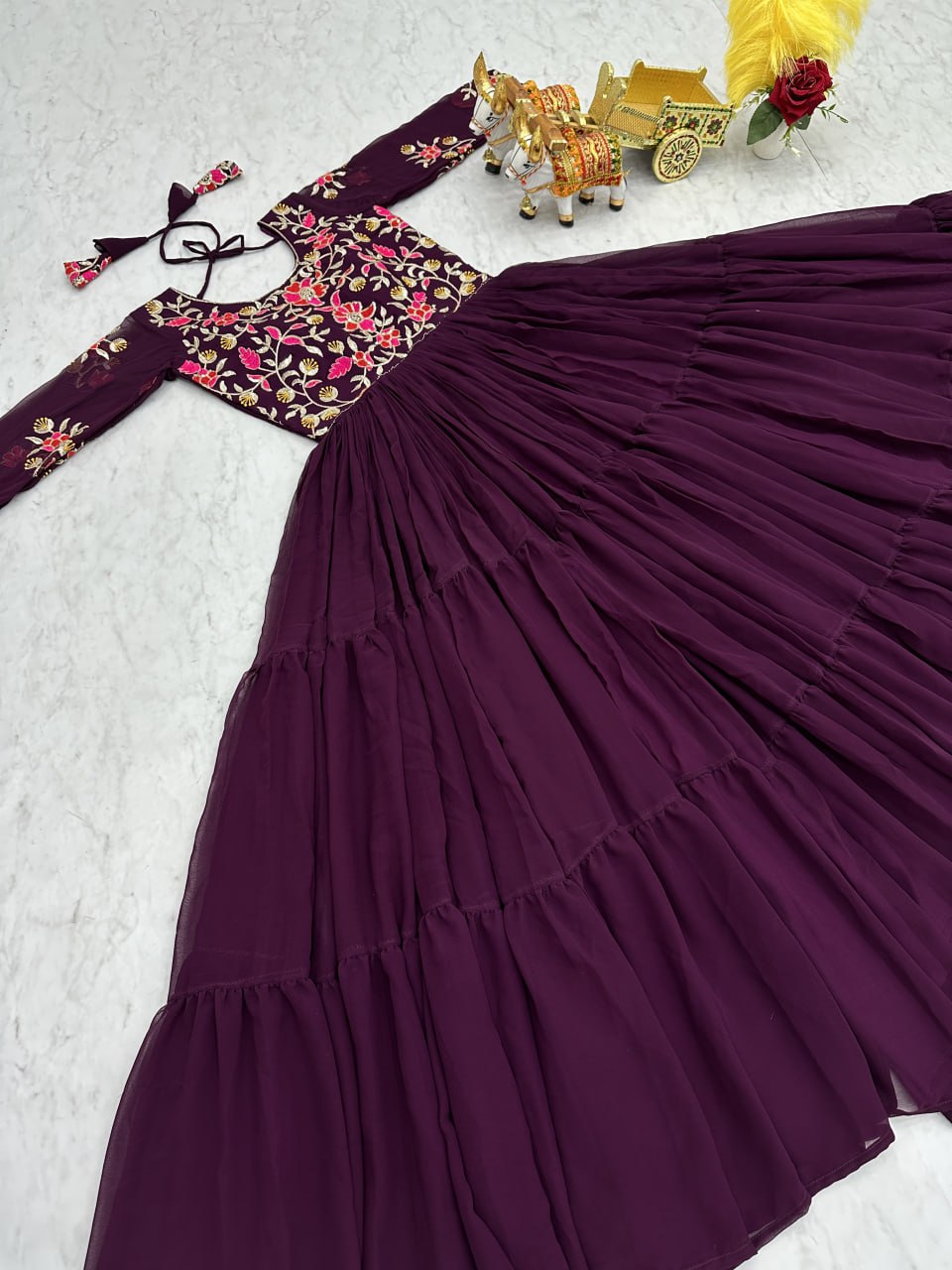 Trendy Wine Color Faux Georgette With Sequence Thread Work Gown