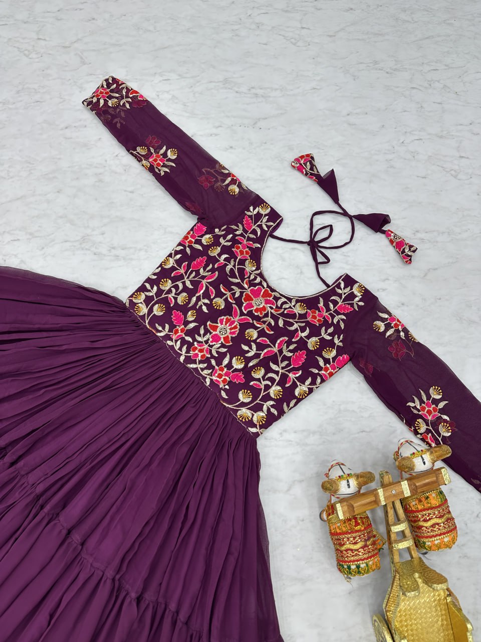 Trendy Wine Color Faux Georgette With Sequence Thread Work Gown