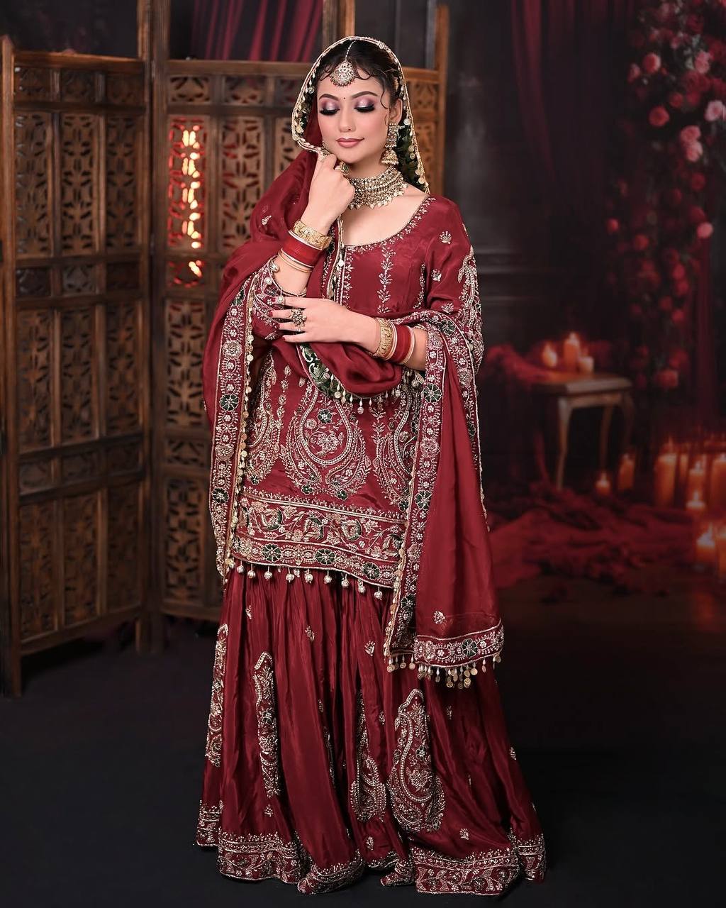 Party Wear Maroon Color Heavy Faux Georgette With Embroidery Work Sharara Suit
