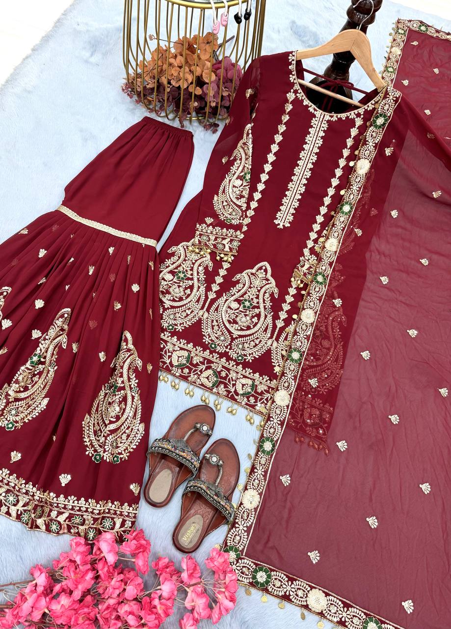 Party Wear Maroon Color Heavy Faux Georgette With Embroidery Work Sharara Suit