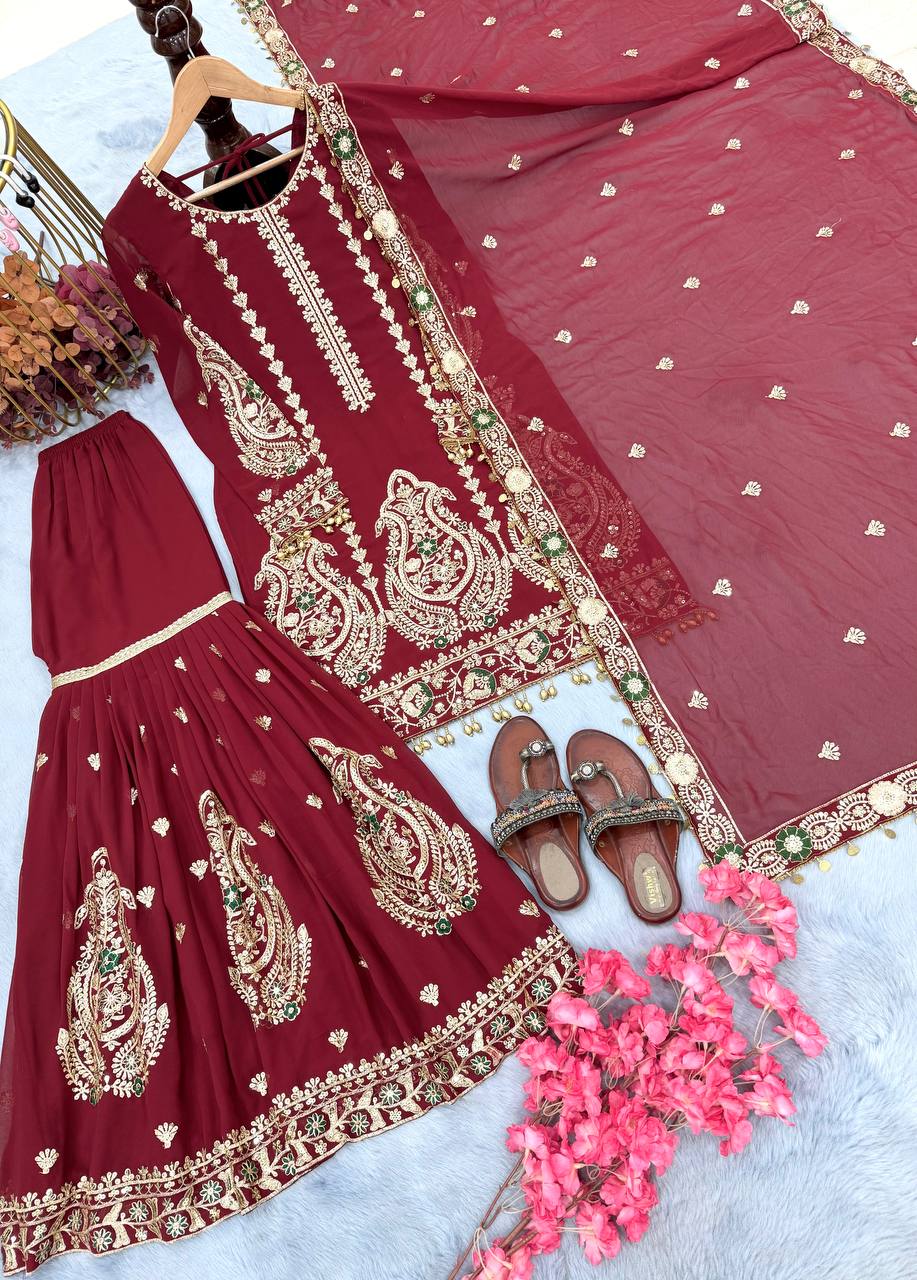 Party Wear Maroon Color Heavy Faux Georgette With Embroidery Work Sharara Suit
