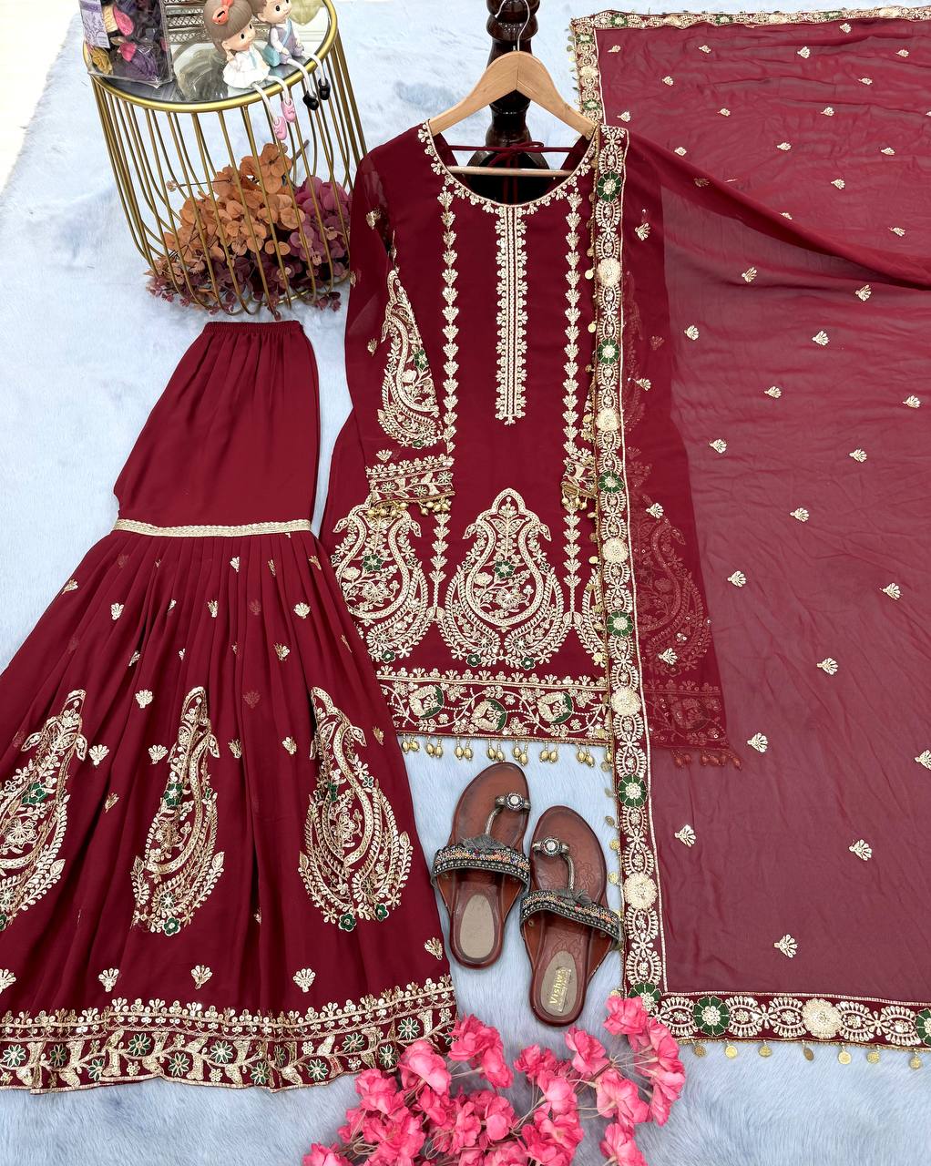 Party Wear Maroon Color Heavy Faux Georgette With Embroidery Work Sharara Suit