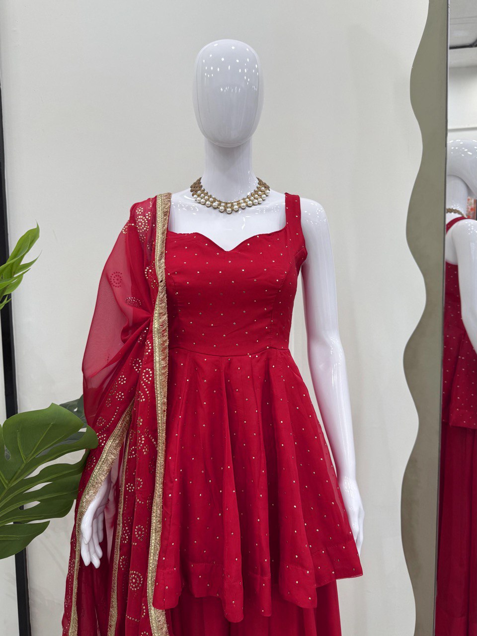 Ceremony Wear Red Color Tabby Organza With Mukesh Work Designer Palazzo Suit