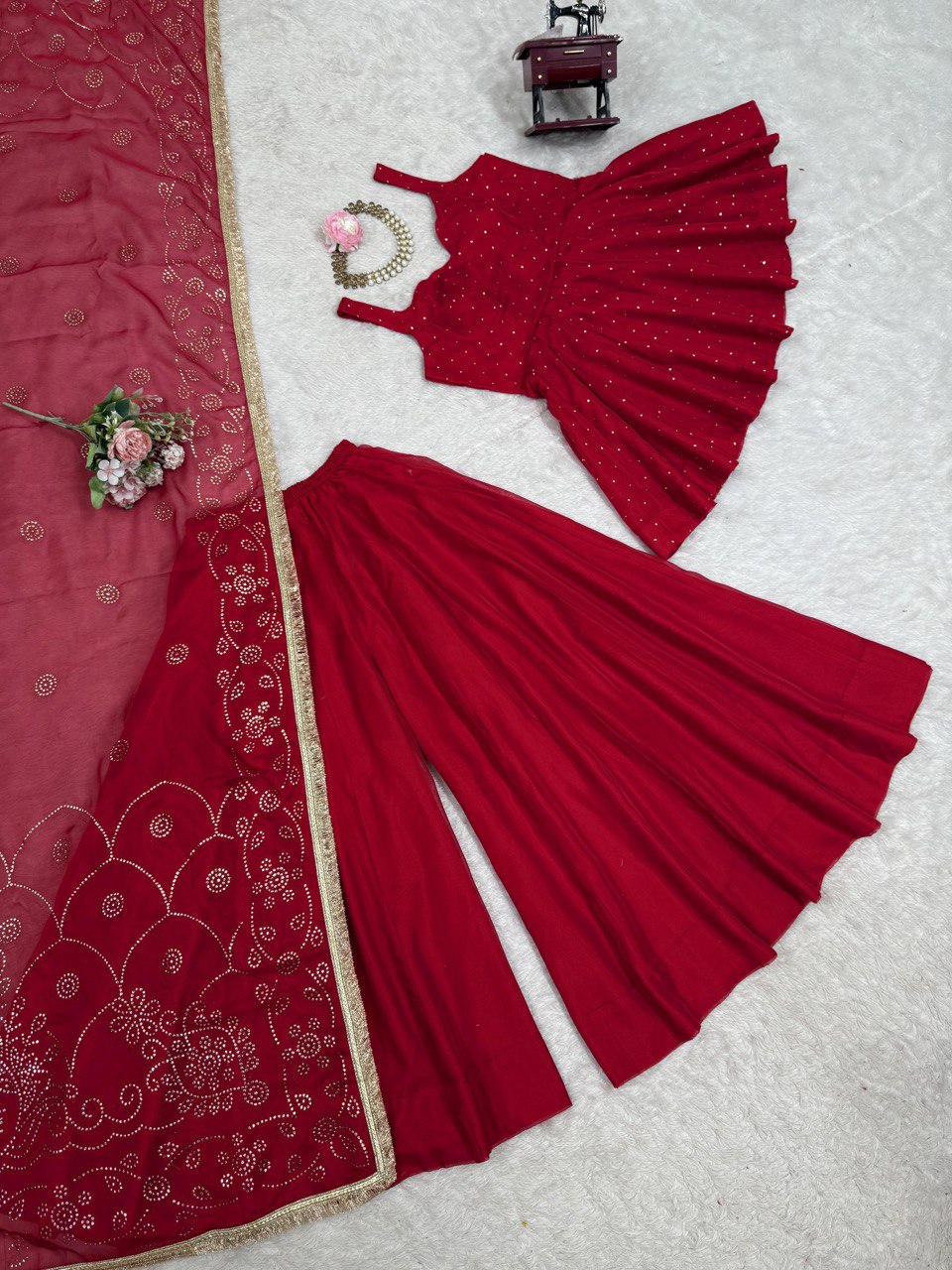 Ceremony Wear Red Color Tabby Organza With Mukesh Work Designer Palazzo Suit