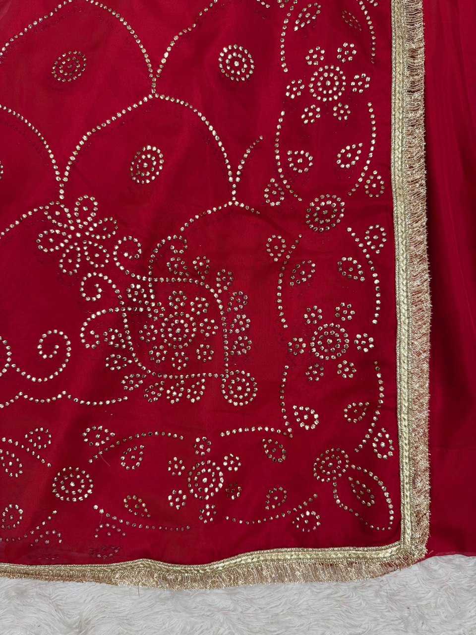 Ceremony Wear Red Color Tabby Organza With Mukesh Work Designer Palazzo Suit