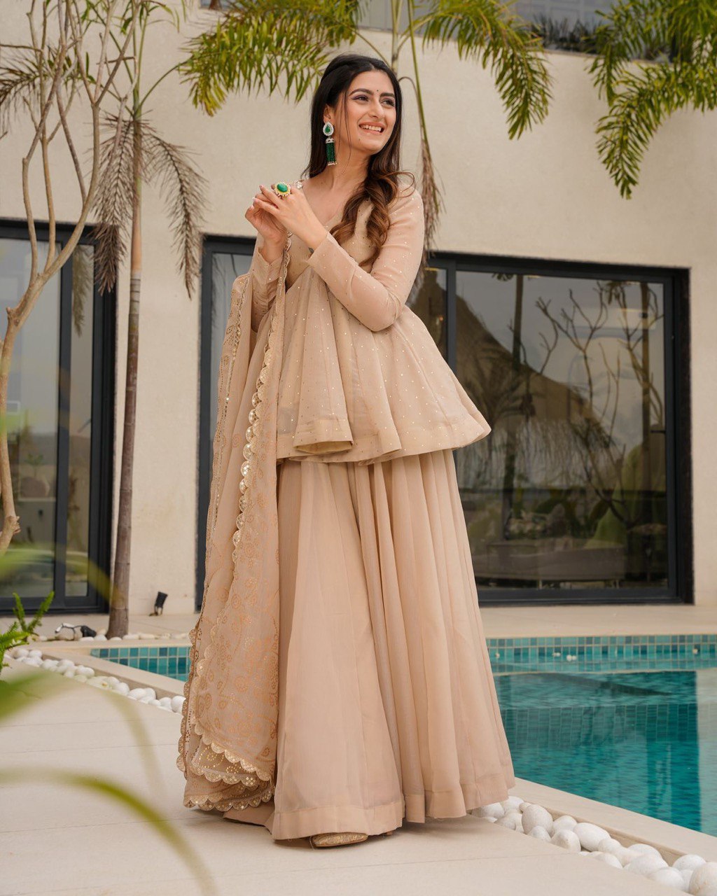 Party Wear Cream Color Tabby Organza With Mukesh Work Designer Palazzo Suit