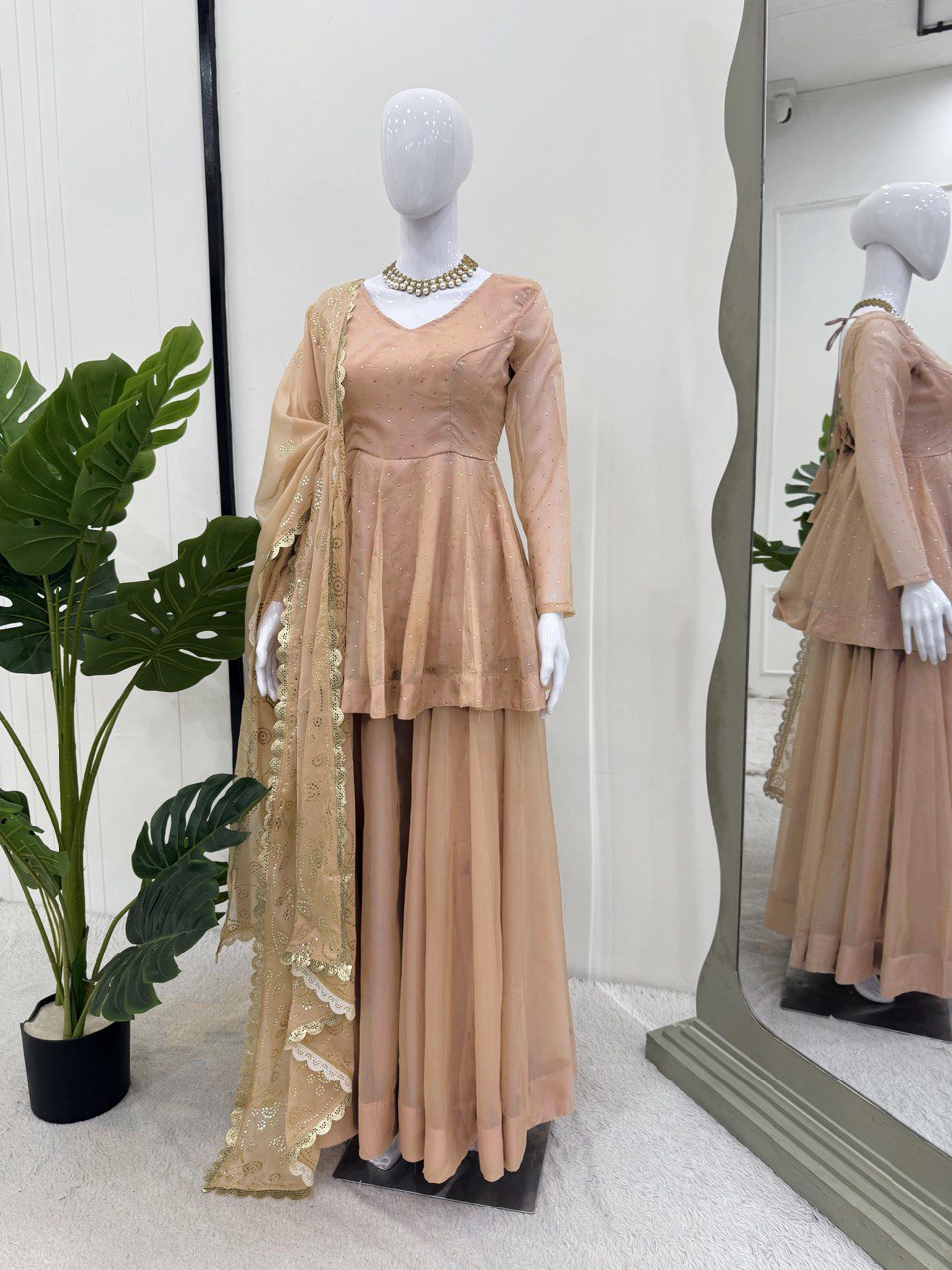 Party Wear Cream Color Tabby Organza With Mukesh Work Designer Palazzo Suit