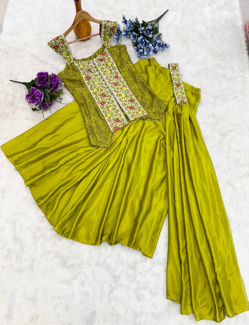 Captivating Green Color Heavy Chinon With Embroidery Sequins Work Palazzo Suit