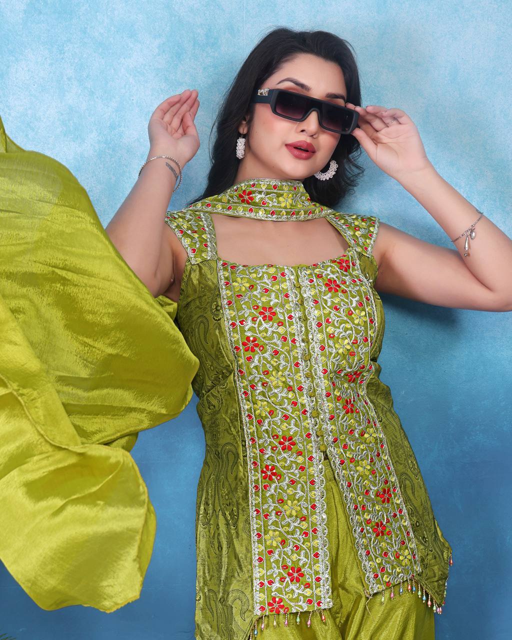Captivating Green Color Heavy Chinon With Embroidery Sequins Work Palazzo Suit