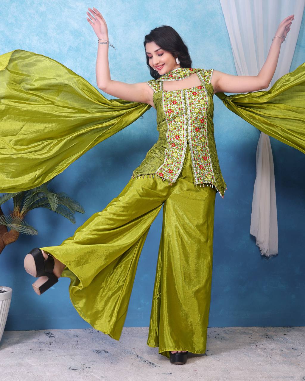 Captivating Green Color Heavy Chinon With Embroidery Sequins Work Palazzo Suit