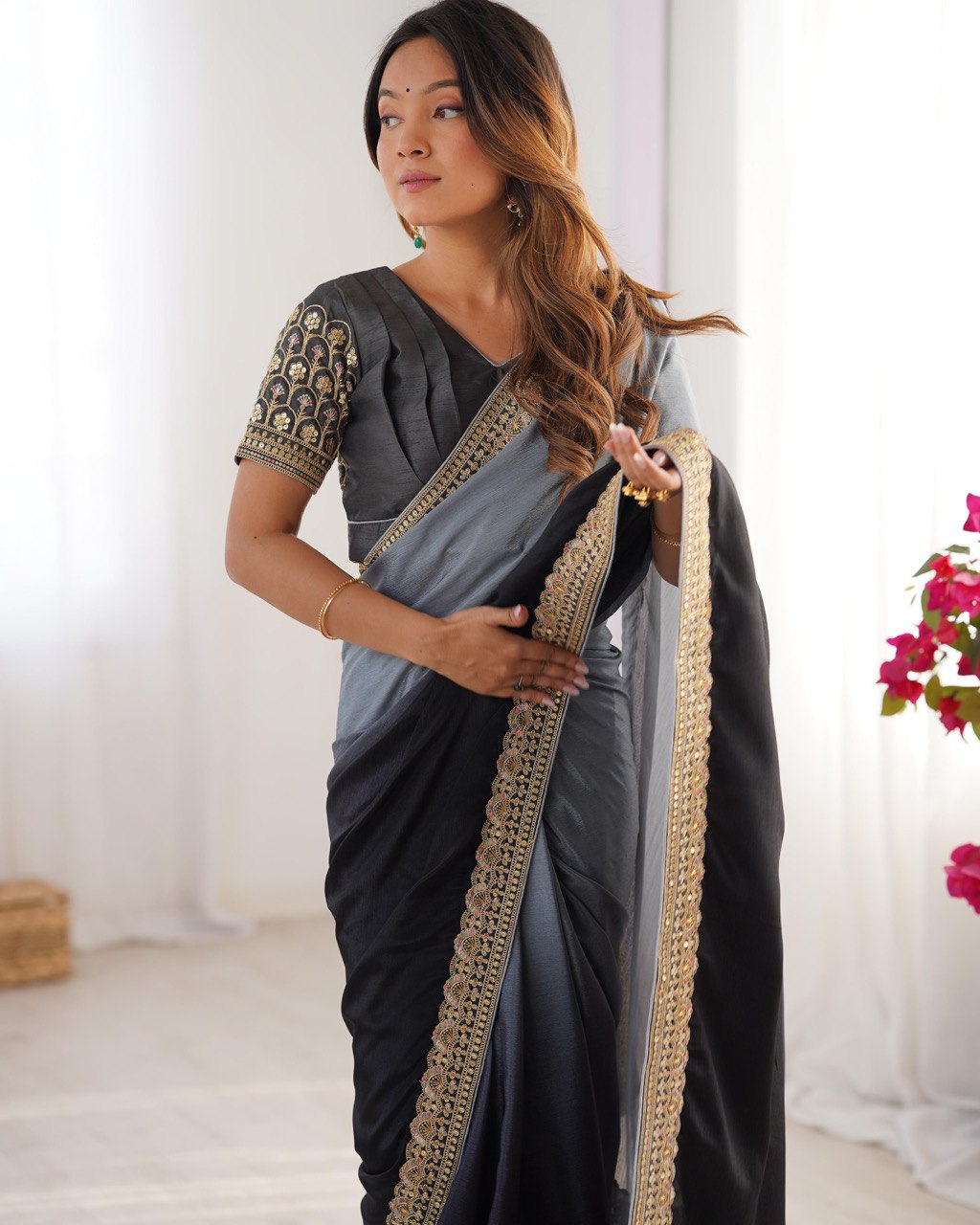 Party Wear Black-Grey Color Chinon Silk And Thread With Sequence Lace Work Saree