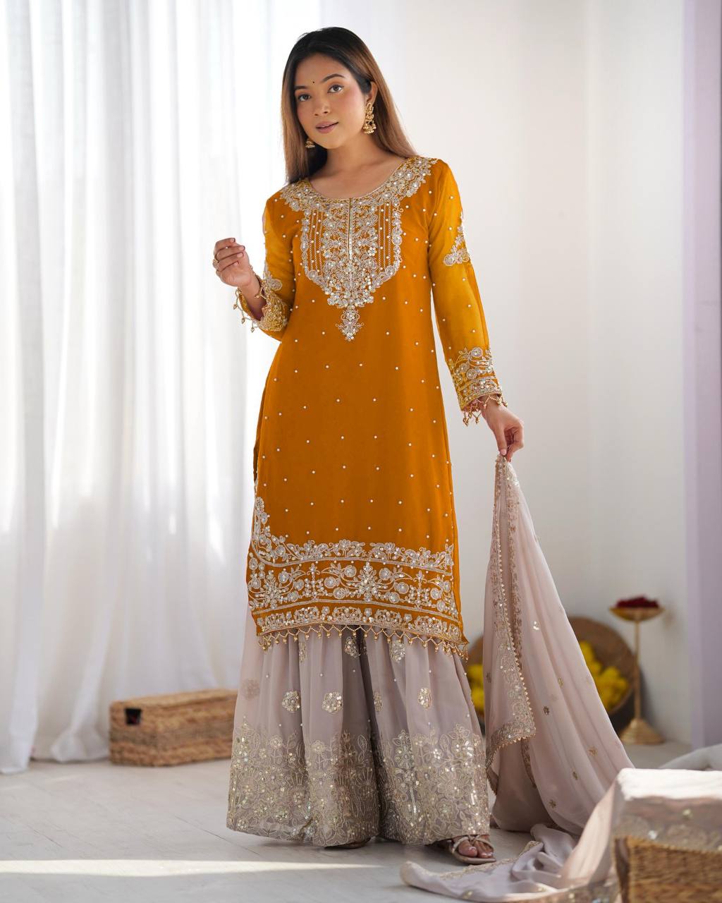Reception Wear Mustard Color Heavy Faux Georgette With Heavy Embroidery Work Palazzo Suit