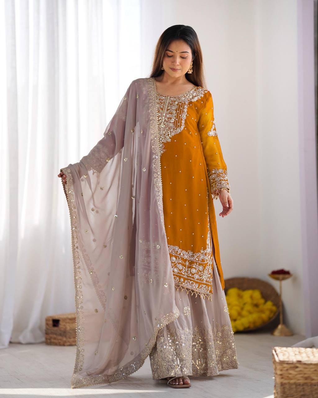 Reception Wear Mustard Color Heavy Faux Georgette With Heavy Embroidery Work Palazzo Suit