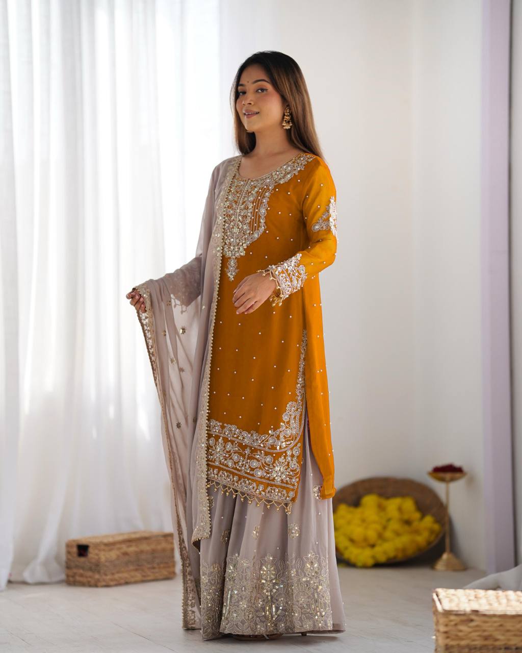 Reception Wear Mustard Color Heavy Faux Georgette With Heavy Embroidery Work Palazzo Suit