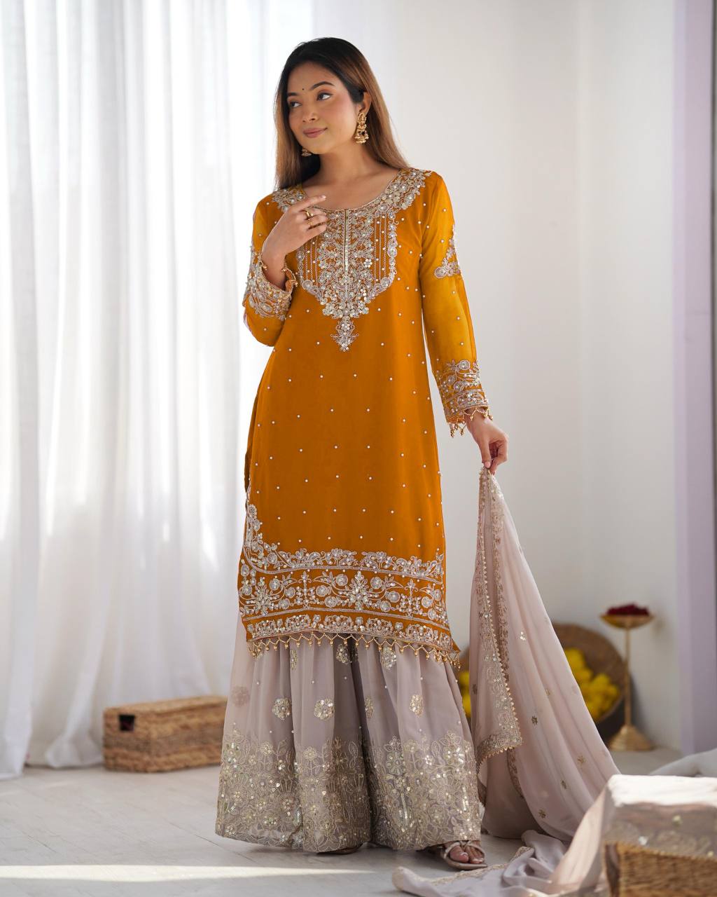 Reception Wear Mustard Color Heavy Faux Georgette With Heavy Embroidery Work Palazzo Suit