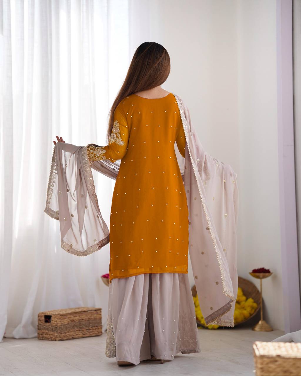 Reception Wear Mustard Color Heavy Faux Georgette With Heavy Embroidery Work Palazzo Suit