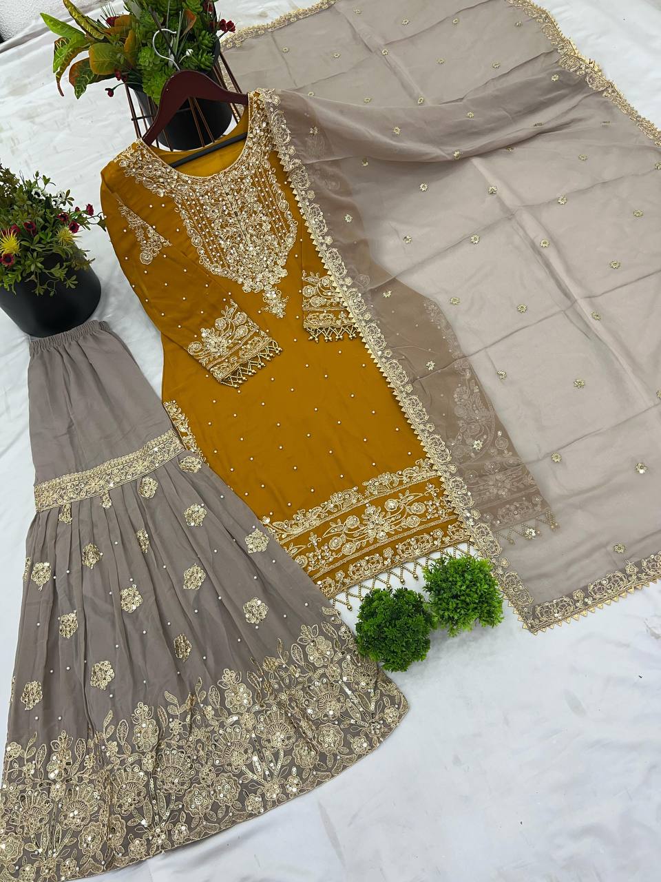 Reception Wear Mustard Color Heavy Faux Georgette With Heavy Embroidery Work Palazzo Suit