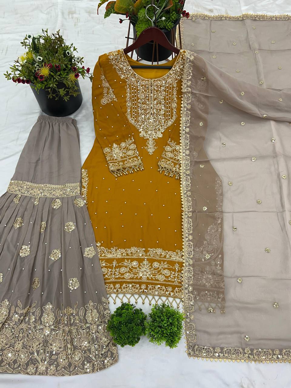 Reception Wear Mustard Color Heavy Faux Georgette With Heavy Embroidery Work Palazzo Suit