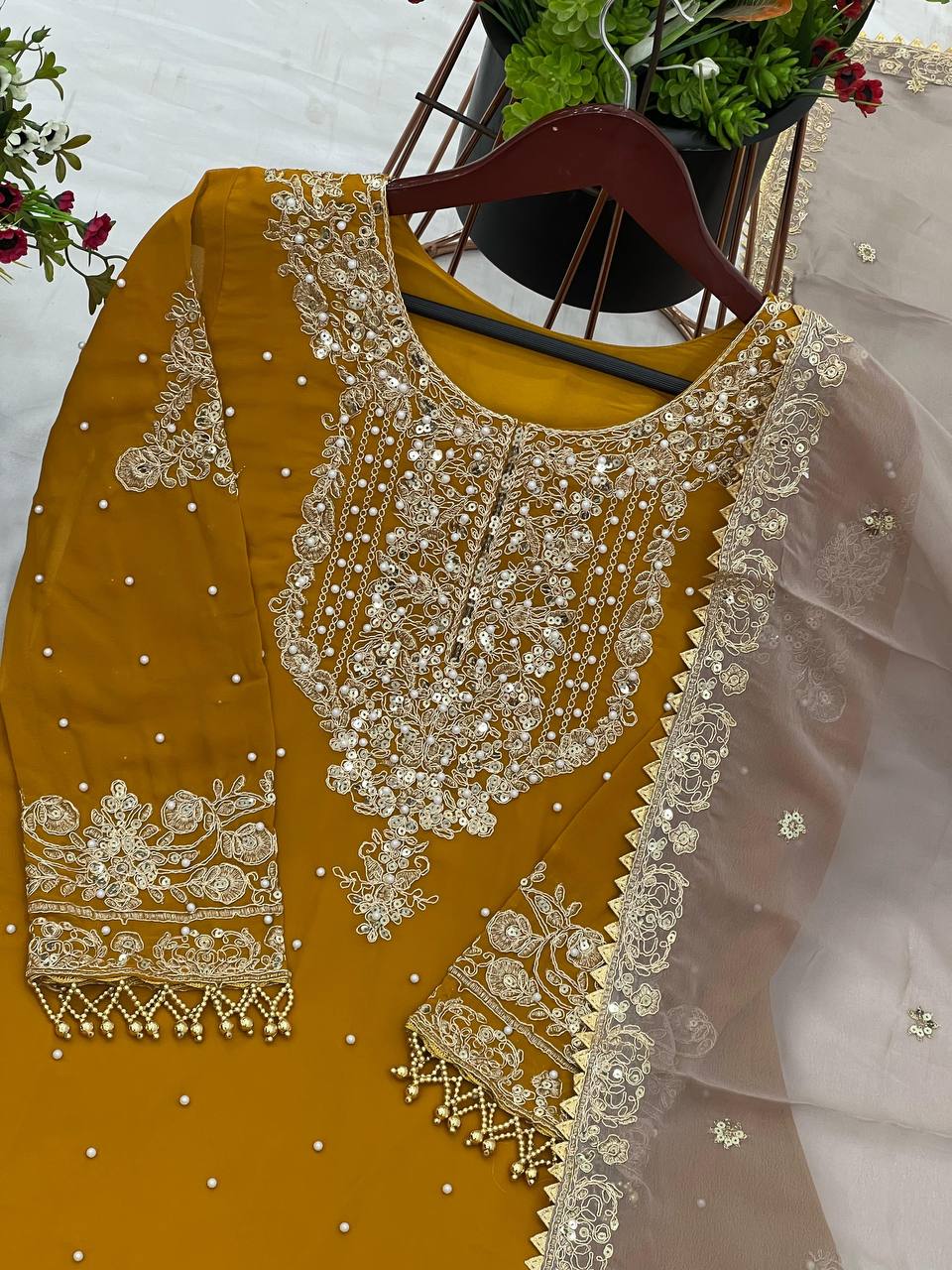 Reception Wear Mustard Color Heavy Faux Georgette With Heavy Embroidery Work Palazzo Suit