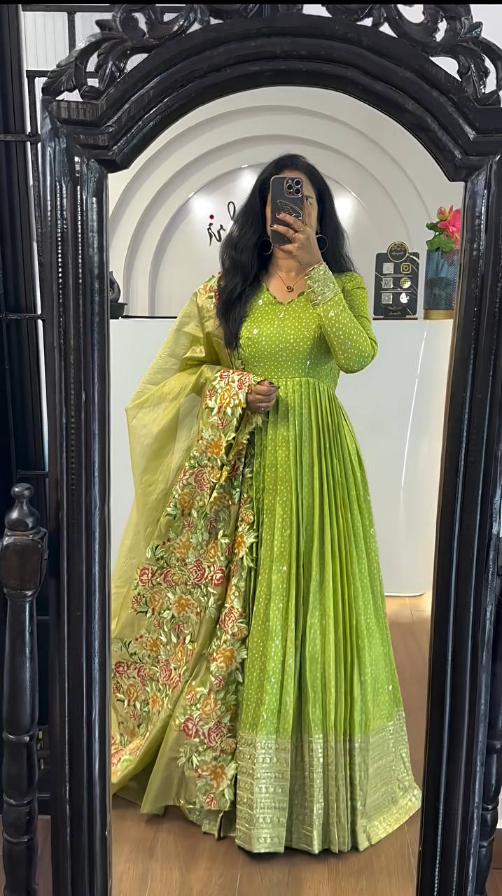 Party Wear Green Color Chinon Silk With Embroidery Sequence Work Gown