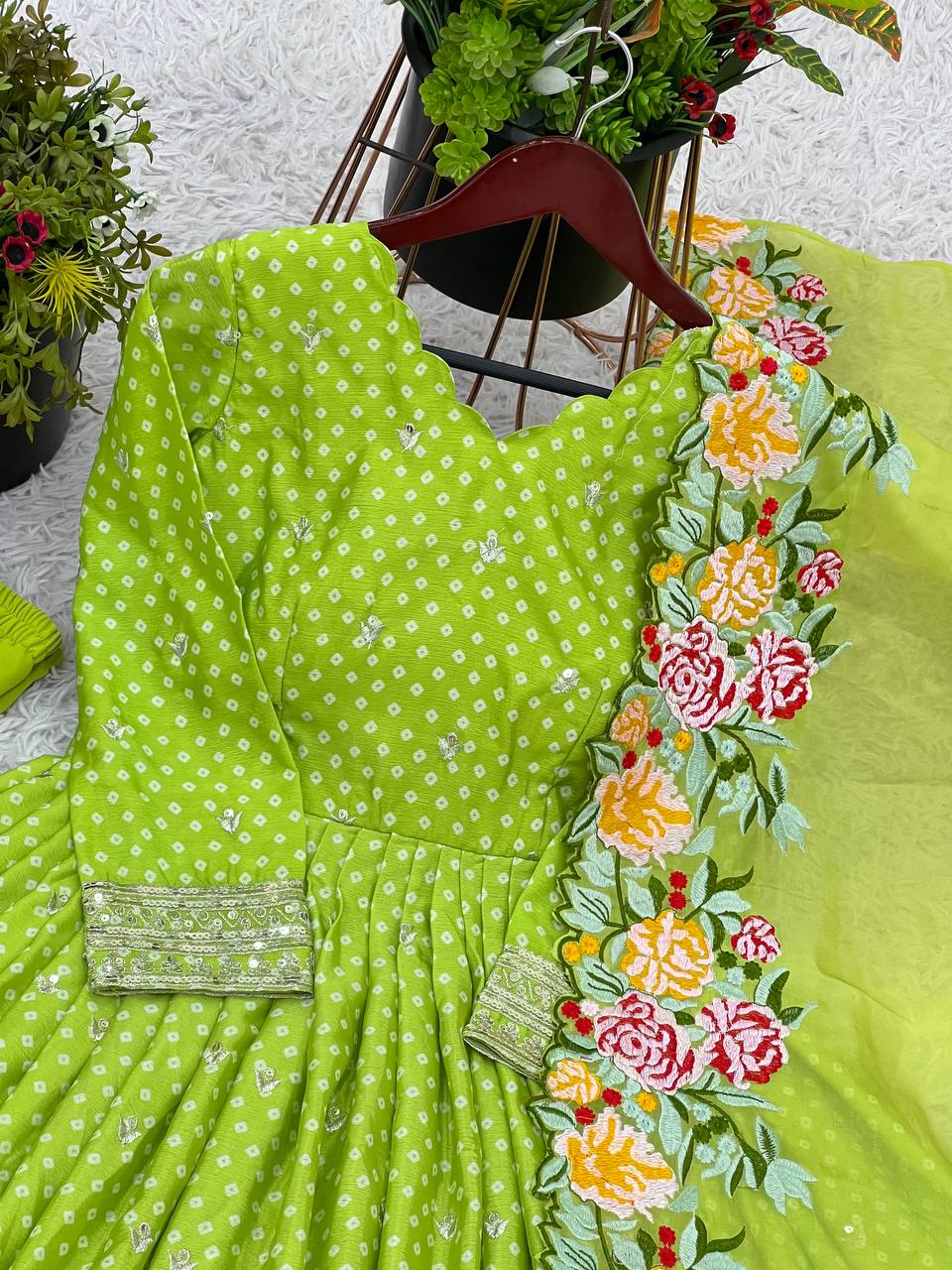 Party Wear Green Color Chinon Silk With Embroidery Sequence Work Gown
