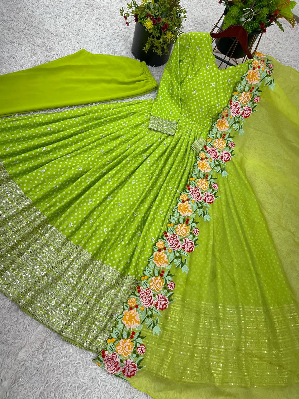 Party Wear Green Color Chinon Silk With Embroidery Sequence Work Gown